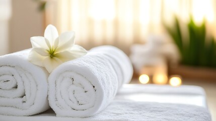 Poster - Spa Towels with Flower and Soft Lighting for Relaxation : Generative AI