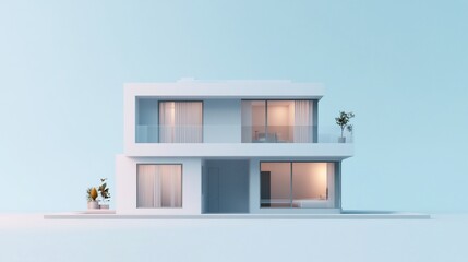 Poster - Modern Minimalist Two-Story White House with Glass Balconies and Plant Accents in a Light Blue Background