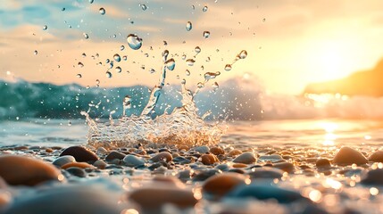 Poster - Captivating image of powerful ocean waves crashing against a rocky shoreline at sunset creating a mesmerizing display of splashing water vibrant colors and serene natural beauty