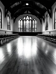 Poster - Spacious Beautiful Interior of a Classic Church or Hall with Wooden Chairs and High Ceiling : Generative AI