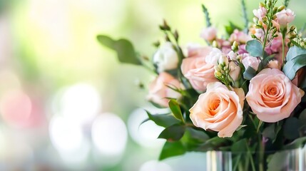 Poster - Beautiful bouquet of pastel roses and mixed flowers in a glass vase with blurred garden background : Generative AI