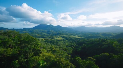 Aufkleber - Breathtaking Aerial View of Lush Green Landscape with Mountains and Clouds in Scenic Nature : Generative AI