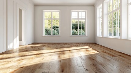 Leinwandbilder - Spacious and Bright Empty Room with Wooden Floors and Large Windows for Modern Living : Generative AI