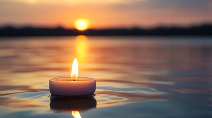 Poster - A lit candle floating on calm water at sunset creating a tranquil and soothing atmosphere : Generative AI