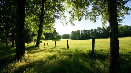 Poster - Picturesque Meadow Surrounded by Trees with Sunlight Filtering Through Foliage in Summer : Generative AI