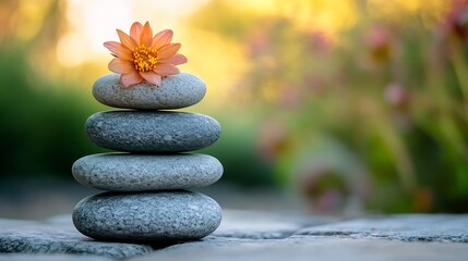 Aufkleber - Serenity with stacked stones and a delicate flower on top creating a calming natural setting : Generative AI