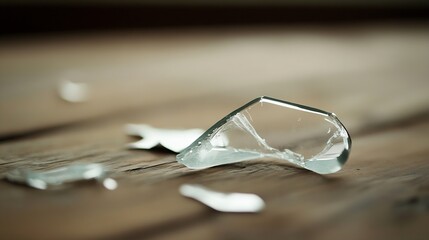 Aufkleber - Close up of broken glass piece on wooden surface emphasizing fragility and accident concept : Generative AI