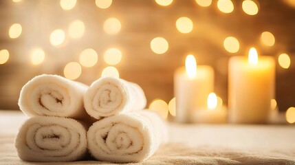 Leinwandbilder - Relaxing Spa Ambience with Rolled Towels and Soft Candles Illuminated by Warm Lights : Generative AI