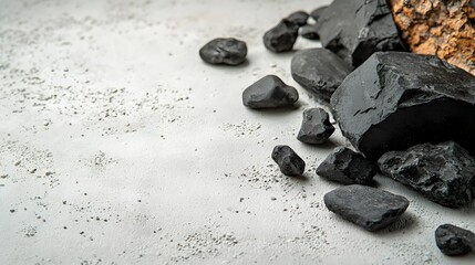 Poster - Moody Monochrome Arrangement of Natural Stones and Pebbles on Minimalist Background with Ample Copy Space  Earthy Organic Rough Textured Rocks in Shades of Gray Black and White  Backdrop for Design