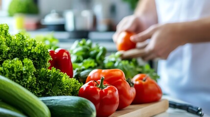 Poster - Fresh Grocery Preparation with Chef Hands Organizing Vibrant Vegetables on Chopping Board : Generative AI