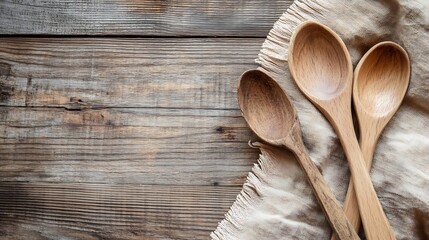 Poster - Rustic wooden spoons arranged on a textured tablecloth for a cozy kitchen feel : Generative AI