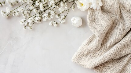 Poster - elegant arrangement of soft textiles with fresh white flowers : generative ai