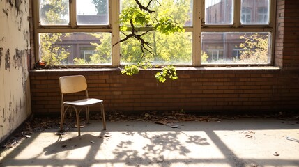Poster - Sunlight Streaming Through Windows in Abandoned Room with a Chair : Generative AI