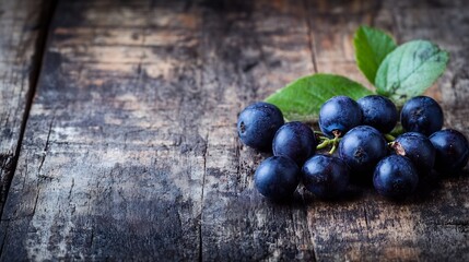 Poster - Fresh Blueberries with Leaves on Rustic Wooden Background : Generative AI