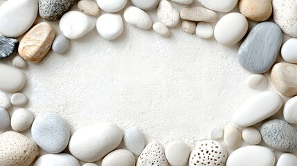Poster - Arrangement of smooth natural stones and pebbles in various shades of white gray and beige on a plain bright background for a minimalist Zen inspired aesthetic
