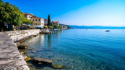 Poster - Picturesque Waterfront View of Coastal Town Along Tranquil Blue Water Under Clear Sunny Sky : Generative AI