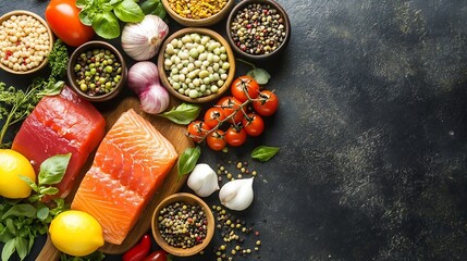 Poster - Fresh Ingredients for Healthy Cooking with Salmon Vegetables and Spices on Dark Background : Generative AI