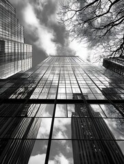 Leinwandbilder - Dramatic perspective view of modern glass skyscrapers reflecting the sky with clouds and branches : Generative AI