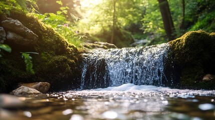 Poster - Crystal clear stream flowing over rocks in a lush green forest capturing the freshness of nature : Generative AI