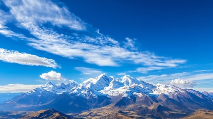 Aufkleber - Stunning panoramic view of snow capped mountains under a bright blue sky with fluffy clouds : Generative AI