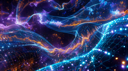 Canvas Print - Abstract glowing neural networks and energy waves illustrating digital connections and AI concepts