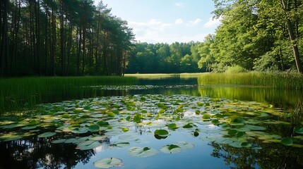 Poster - Scenic tranquil lake surrounded by lush greenery and lotus flowers reflecting a serene sky : Generative AI