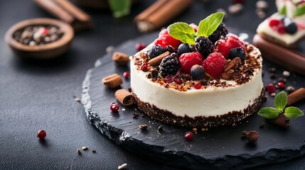 Poster - Delicious Berry Cheesecake on Slate with Fresh Fruits and Chocolate Crumbs : Generative AI