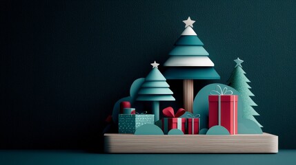 Wall Mural - Stylized Christmas Scene with Paper Trees and Gifts