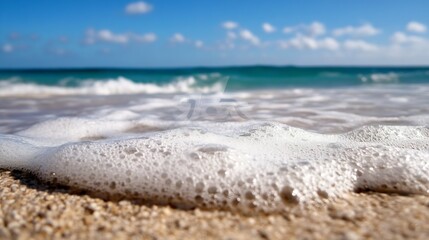 Aufkleber - Close Up View of Ocean Waves Gently Lapping at the Sandy Shore Under a Clear Blue Sky : Generative AI