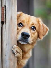 Aufkleber - Close up of a cute golden retriever dog with a sad look peeking from behind a wooden fence : Generative AI