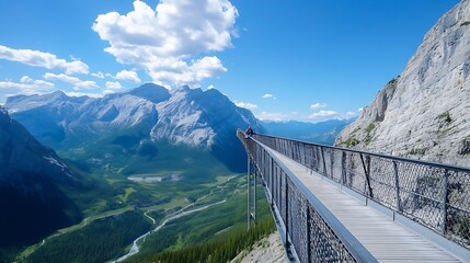 Poster - Breathtaking panoramic view from a sky bridge overlooking majestic mountains and lush green valley : Generative AI