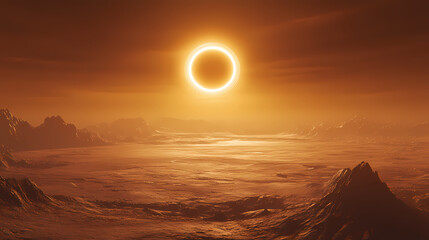 Wall Mural - a stunning image of a ringed planet glowing above a barren alien landscape, illustrating the wonders