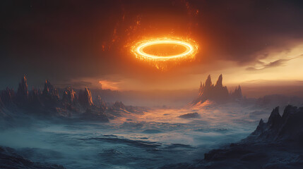 Wall Mural - a stunning image of a ringed planet glowing above a barren alien landscape, illustrating the wonders