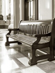 Aufkleber - Classic Wooden Bench in Elegant Interior with Polished Marble Floors : Generative AI