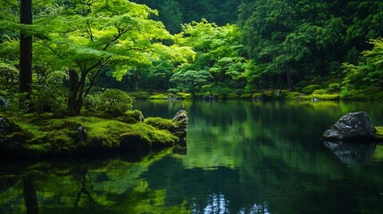 Aufkleber - Lush Serene Pond Surrounded by Vibrant Green Trees and Foliage : Generative AI
