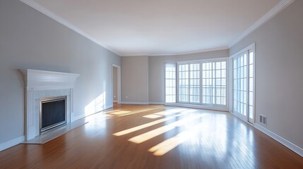 Aufkleber - Bright and Spacious Empty Living Room Bathed in Natural Light Featuring Large Windows and a Cozy Fireplace : Generative AI
