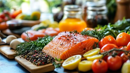 Poster - Freshly Prepared Delicious Salmon Fillet Surrounded by Colorful Vegetables Ready for Cooking and Healthy Eating : Generative AI