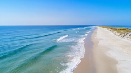 Poster - Panoramic Aerial View of Serene Beach with Gentle Waves Under Clear Blue Sky : Generative AI