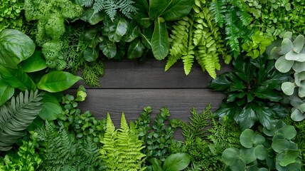 Poster - Vibrant green foliage arrangement featuring various plants and ferns on a natural wooden background : Generative AI