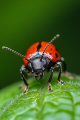Poster - Close Up of a Vibrant Red Beetle on Green Leaf Showing Intricate Details and Nature's Beauty : Generative AI