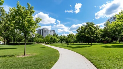 Poster - Lush Green Park Pathway Surrounded by Vibrant Trees and Modern Buildings Under Blue Sky : Generative AI