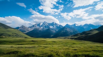 Aufkleber - Breathtaking Mountain Landscape with Lush Green Meadows Under a Clear Sky : Generative AI