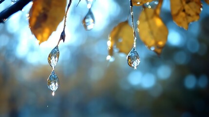 Fototapete - Glittering Water Droplets on Autumn Leaves Bathed in Soft Blurred Background Light : Generative AI