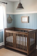Aufkleber - Charming and modern nursery interior featuring a wooden crib illuminated by warm natural light and soft colors : Generative AI