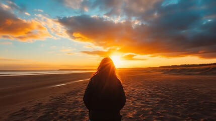 Poster - Silhouette of Woman Facing Sunset on Beach : Generative AI