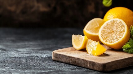 Poster - Fresh Juicy Lemons and Mint Leaves on Wooden Board for Culinary Inspiration : Generative AI