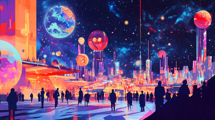 an interstellar festival in orbit. interstellar cultures. illustration