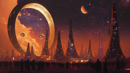 an interstellar festival in orbit. interstellar cultures. illustration