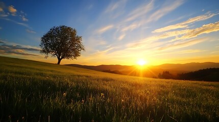 Aufkleber - Stunning Sunset Over a Green Hill with a Lonely Tree Against a Colorful Sky : Generative AI