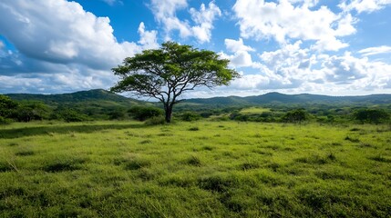 Poster - Lone tree standing in a vast green landscape under a bright blue sky : Generative AI